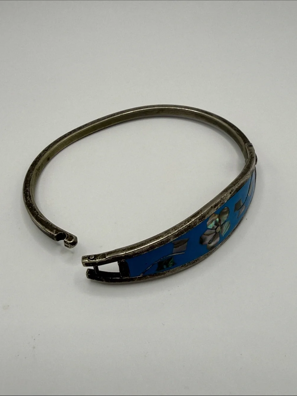 Vintage Alpaca Mexico Silver Tone Blue Abalone Flower Statement Cuff Bracelet